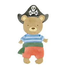 Bear in a pirate costume. Isolated cute animal. Watercolor illustration.