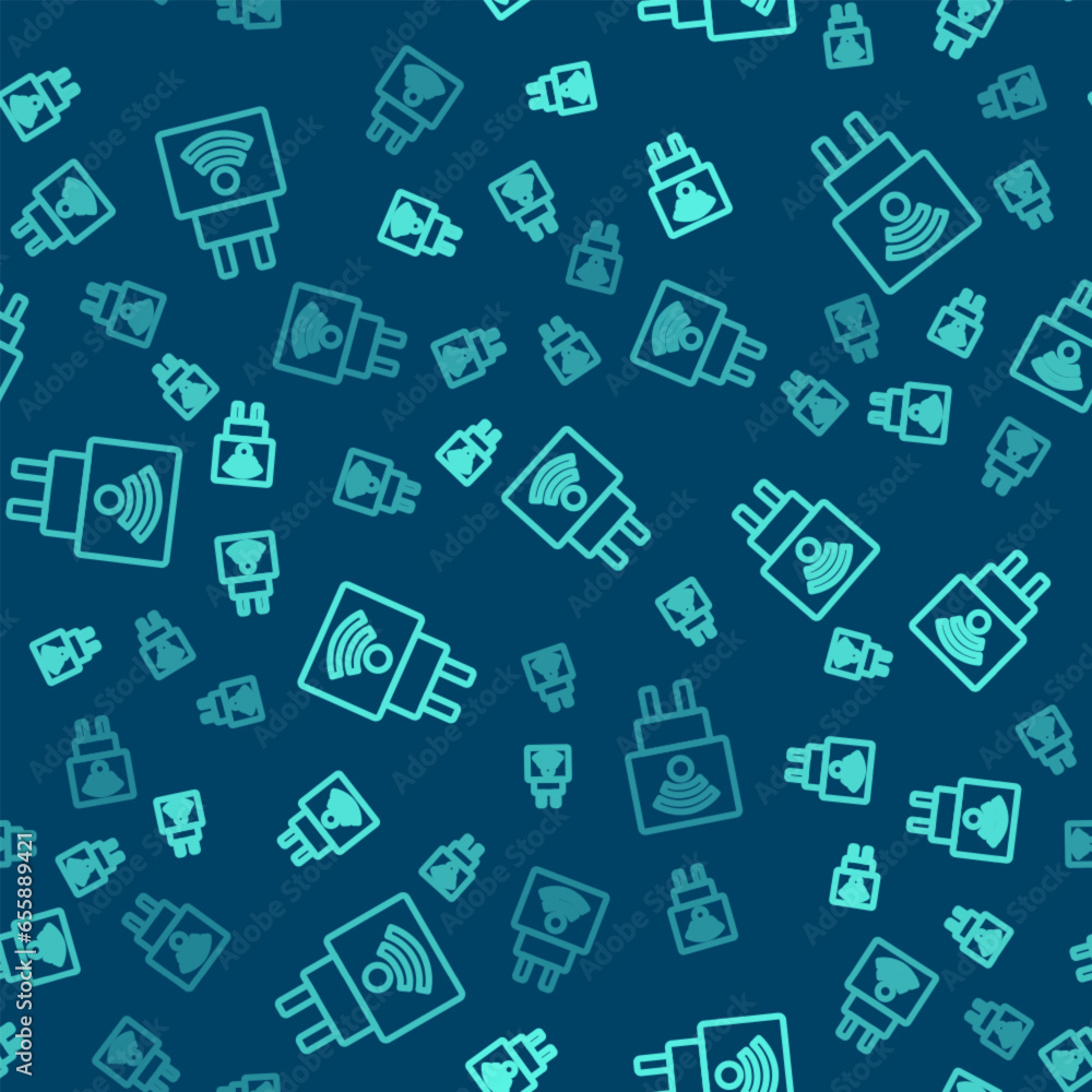 Poster green line smart electric plug system icon isolated seamless pattern on blue background. internet of