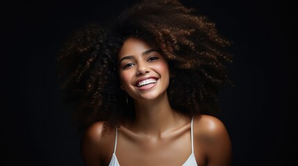 Beauty portrait of African American girl with smooth healthy skin,  happy smiling, beauty and cosmetics advertising concept, black woman in studio clear lighting, AI generative