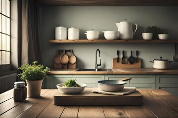 Fototapeta na wymiar Wooden tabletop with empty space on kitchen background