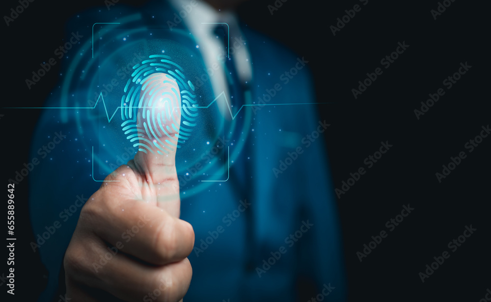 Poster businessman scan fingerprint biometric identity and approval. secure access granted by valid fingerp
