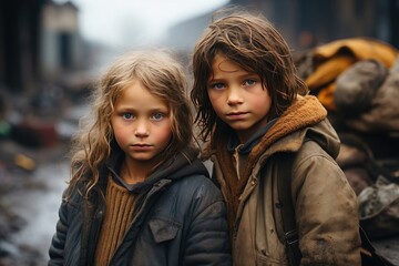 closeup of two serious children after a disaster - obrazy, fototapety, plakaty