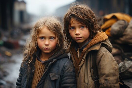closeup of two serious children after a disaster