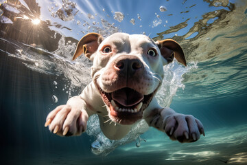 Happy Gray and White Pitbull Terrier Underwater - obrazy, fototapety, plakaty
