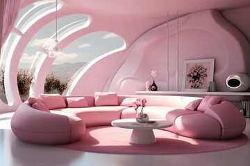 Modern living room interior in pink colors. AI generated
