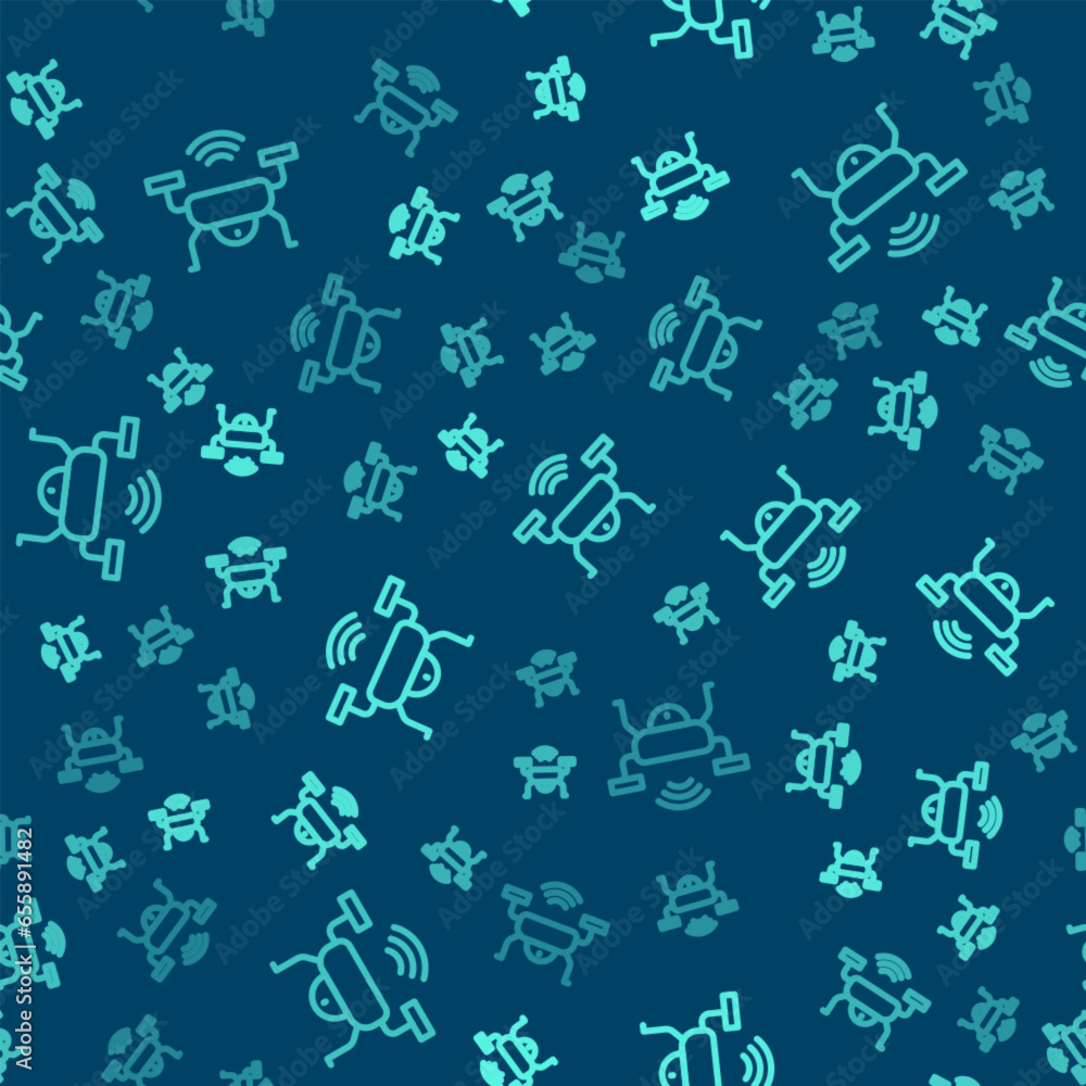 Poster green line smart drone system icon isolated seamless pattern on blue background. quadrocopter with v