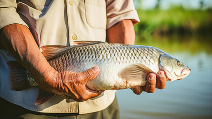 Captivating close-up of fisherman's hands holding fresh catch with Amazon river in background.