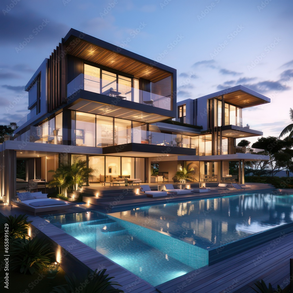 Poster modern villa with pool created with generative ai