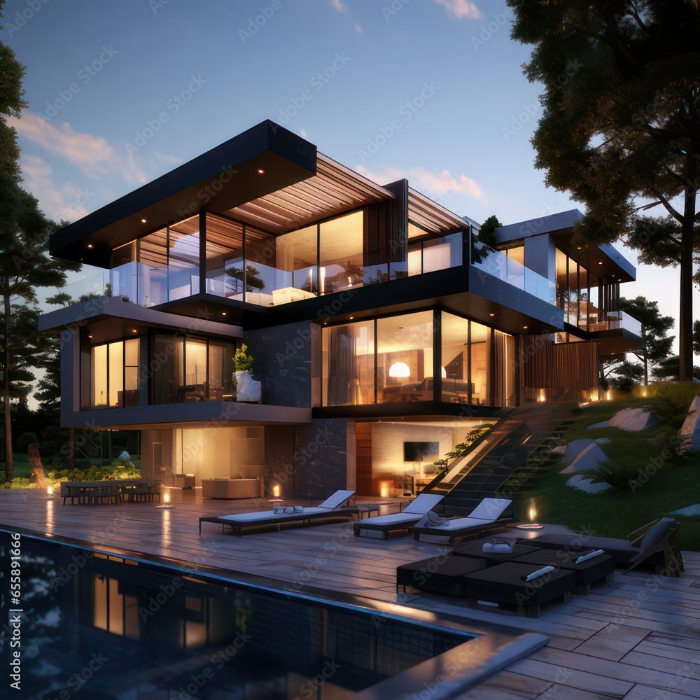 Aufkleber modern villa with pool created with generative ai