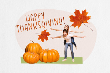 Creative collage poster banner greeting card with two excited people family couple enjoy...
