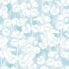 Seamless pattern with blossoming branches of jasmine on a blue watercolor background.  Vector illustration. Perfect for design templates, wallpaper, wrapping, fabric and textile.