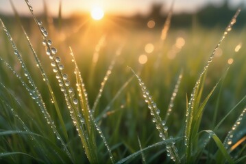 Bright background of shiny dew drops on spring green grass