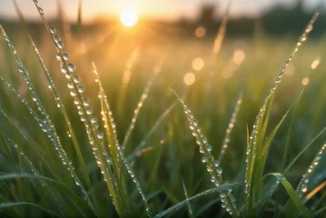 Foto op Plexiglas Gras Bright background of shiny dew drops on spring green grass
