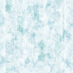 Fototapeta na wymiar Floral seamless pattern with blossoming flowers of jasmine on a blue watercolor background. Vector illustration. Perfect for design templates, wallpaper, wrapping, fabric and textile.