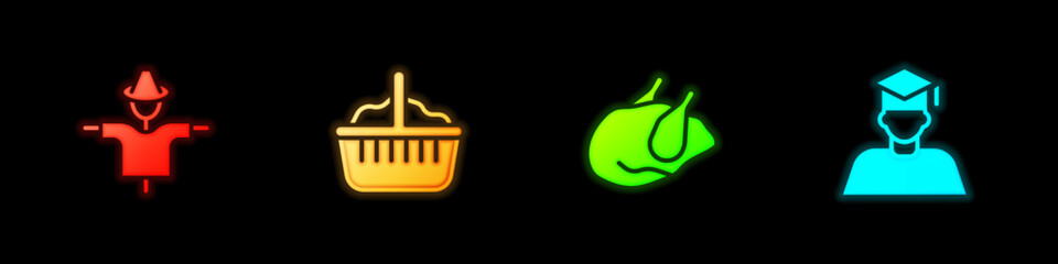 Set Scarecrow, Basket, Roasted turkey or chicken and Graduate and graduation cap icon. Vector