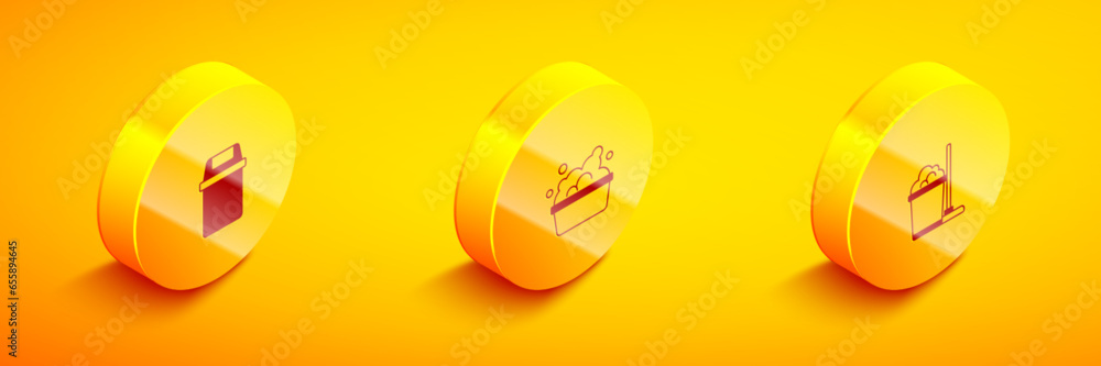 Poster set isometric trash can, basin with soap suds and mop and bucket icon. vector