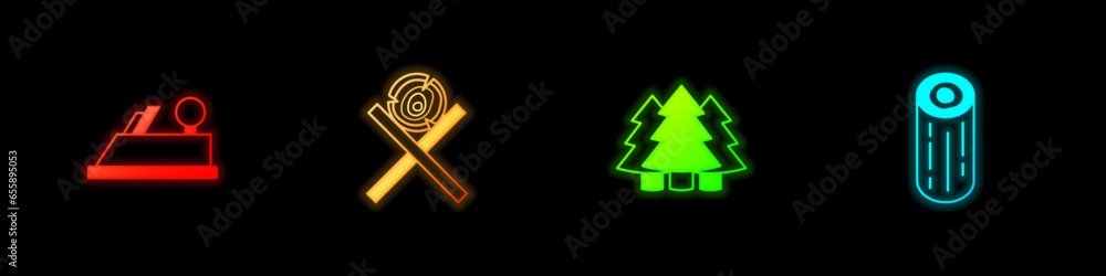 Wall mural set wood plane tool, wooden logs on stand, christmas tree and icon. vector