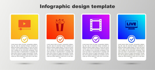Set Online play video, Popcorn cardboard box, Play and Live stream. Business infographic template. Vector