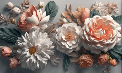 3d rendering of beautiful flowers on gray background 3d rendering of beautiful flowers on gray background floral composition, 3d illustration, 3d rendering
