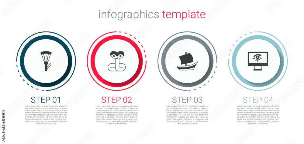 Poster set egyptian lotus, snake, ship and eye of horus on monitor. business infographic template. vector