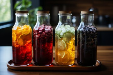 Fototapeta na wymiar Add a twist to your coffee routine with this refreshing photo of cold brew coffee infused with different fruits. Ideal for cafes, summer menus, and health-conscious consumers.