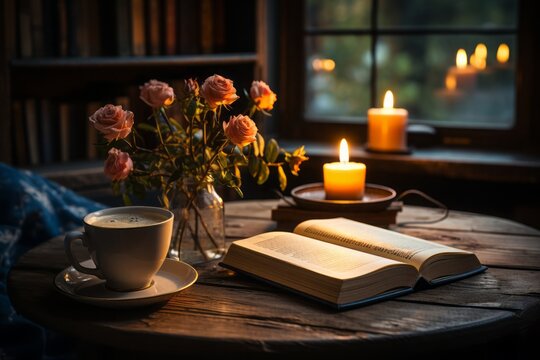 Capture the essence of a perfect moment with this cozy photo of a steaming cup of coffee next to an engrossing book. Ideal for cafes, bookstores, and lifestyle blogs.