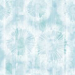 Abstract seamless pattern with flowers dandelions on blue watercolor background.  Vector illustration. Perfect for design templates, wallpaper, wrapping, fabric and textile.