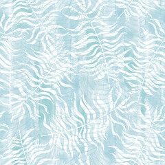 Fototapeta na wymiar Seamless pattern with with ferns on blue watercolor background. Vector illustration. Perfect for design templates, wallpaper, wrapping, fabric and textile.