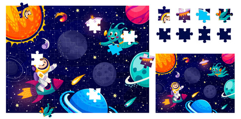 Cartoon alien, astronaut and space landscape on jigsaw puzzle game pieces, vector kids worksheet. Match and fit suitable pieces of picture with boy spaceman on rocket and UFO in galaxy jigsaw puzzle