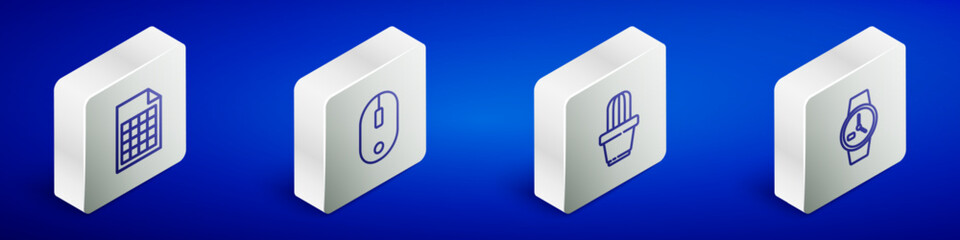 Set Isometric line File document, Computer mouse, Cactus and succulent in pot and Wrist watch icon. Vector