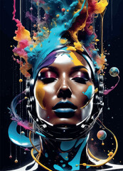 woman with headphones and paint splashes in neon colors. woman with headphones and paint splashes in neon colors. abstract colorful woman with creative elements