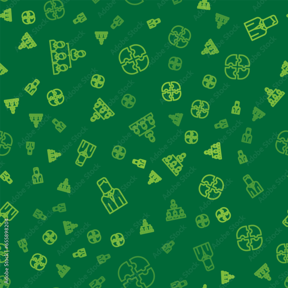 Poster set line hierarchy organogram chart, worker and piece of puzzle on seamless pattern. vector
