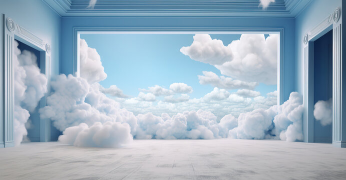Generative AI, White blue fantastic 3d clouds in the room interior, sky and landscape. Gentle colors and with bright lights..	
