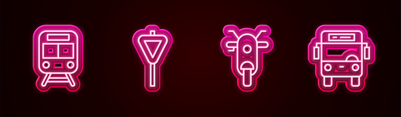 Set line Train and railway, Road traffic signpost, Scooter and Bus. Glowing neon icon. Vector