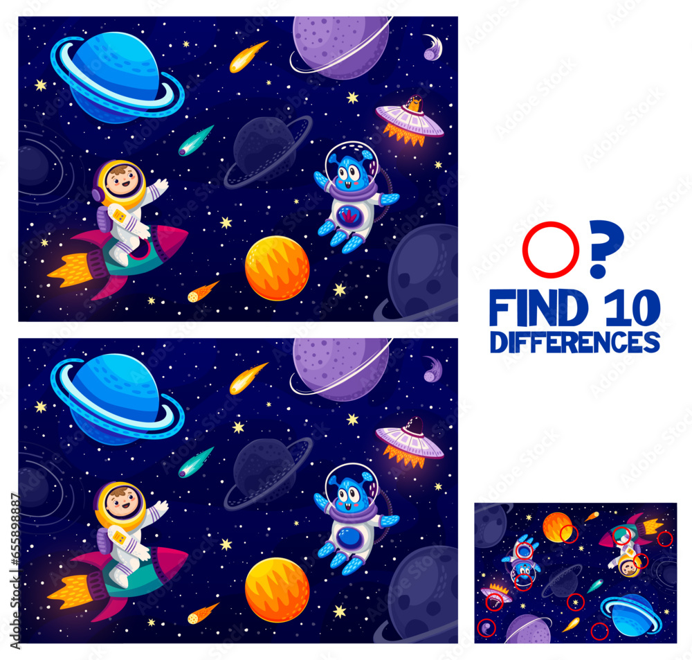 Poster find ten differences game, cartoon astronaut and alien in starry galaxy space, vector kids quiz. gal