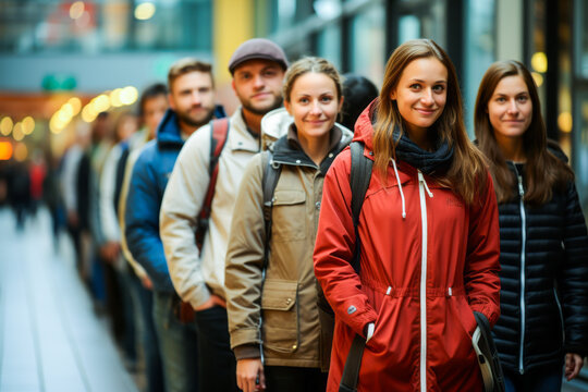 Anticipating woman waiting in line on the street for an exclusive advantage.