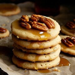 Pecan nuts cookies with caramel and pecans. Shallow dof.