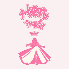 Hen party sticker with bride and crown. Pink banner.
