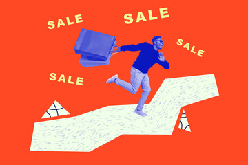 Picture poster collage of funky happy guy running store hurrying black friday special sale isolated...