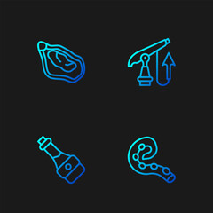 Set line Octopus of tentacle, Soy sauce bottle, Mussel and Fishing harpoon. Gradient color icons. Vector