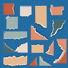 Torn paper frames with jagged edges. Torn sheets of paper. Torn paper strips set. Colored ripped lined paper strips collection. Realistic paper scraps with torn edges. Sticky notes, shreds of notebook