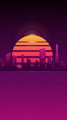 Obraz premium Retro Cyberpunk concept illustration. Social media stories template with neon city. Urban card design. Stock synthwave poster graphics