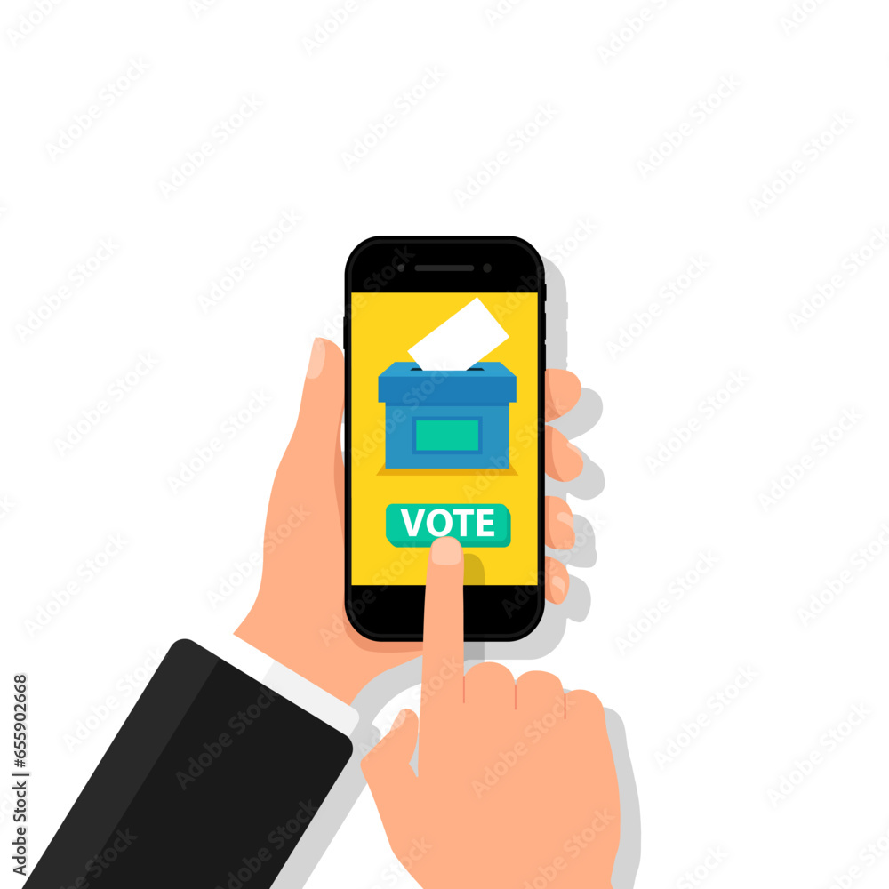 Poster hand holding phone with voting app. man votes online by pressing a button on screen mobile. governme