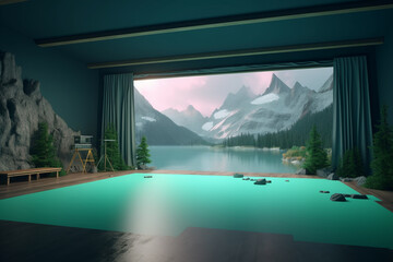 3d rendering of a living room with a view of the mountains