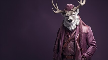 Humorous portrait of a person with reindeer head and antlers wearing winter coat. Hipster man with white beard mask. Minimal concept of Christmas and New Year, season jokes and fun. Studio shot, copy 