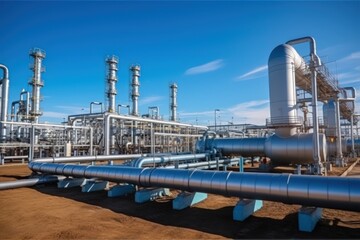 Obraz premium Gas pipeline that supplies fuel to strategic enterprises and factories. Environmentally friendly transmission of energy resources over long distances is an important component of modern civilization.