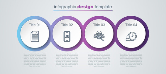 Set line Resume, Search job, Magnifying glass for search and Work time. Business infographic template. Vector