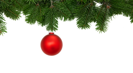 Christmas greeting card, Xmas bauble hanging on fir twig isolated on white transparent background. PNG