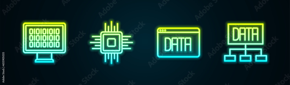 Poster set line binary code, processor cpu, data analysis and . glowing neon icon. vector
