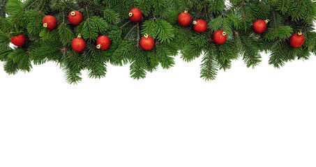 Christmas tree border decorated with red balls isolated on white transparent, PNG. 